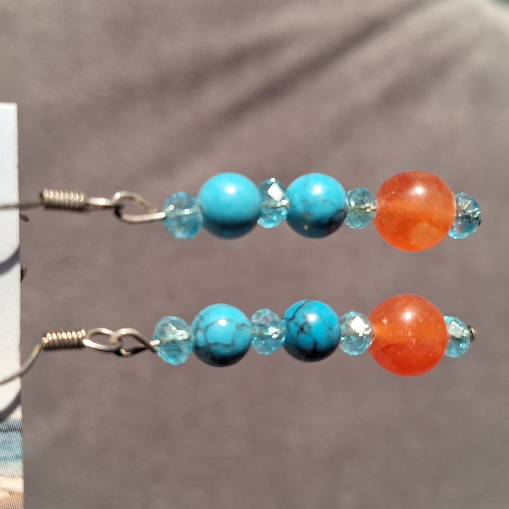 Carnelian, Turquoise & Swarvoski C Dangle Earrings with Silver Hooks